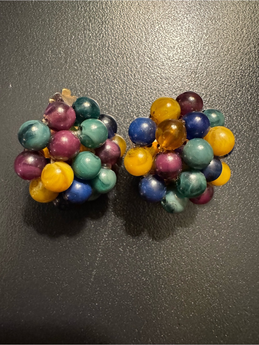 Vintage Multicolor Beaded Cluster Clip On Earrings Mid Century